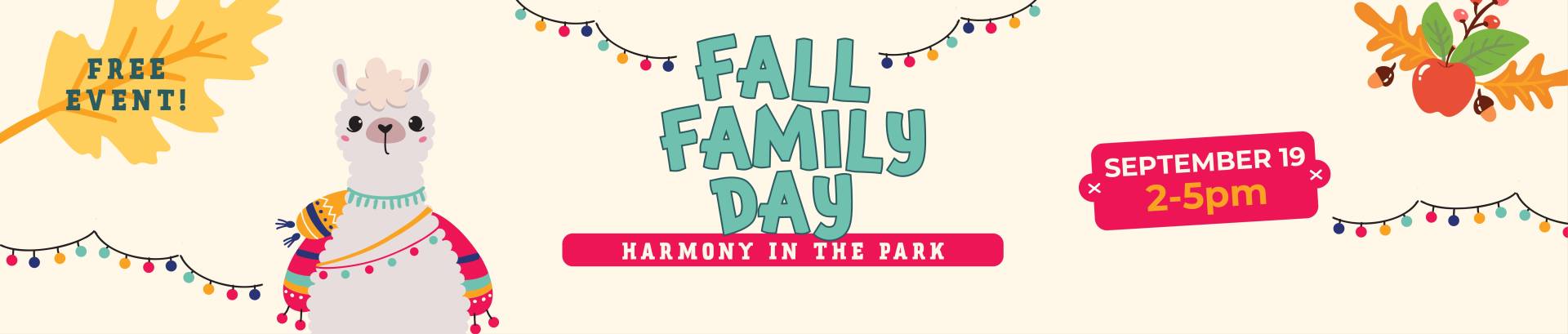 Fall Family Day image with a lama for free event on September 19 2-5pm